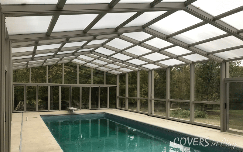 Side interior view of residential pool dome in Paris