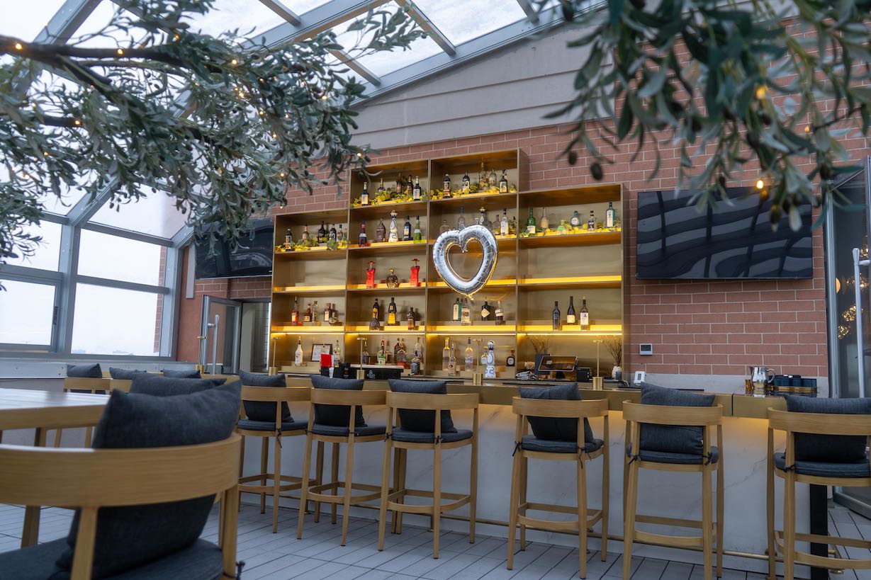 Unique rooftop bar in Arlington Heights, IL, with beautiful trees and natural light, creating a private event space with skyline views.