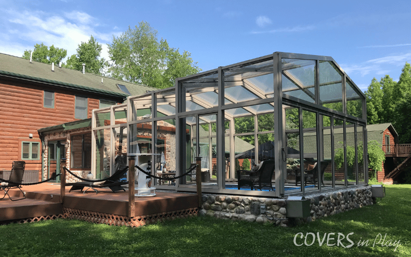 Side view of residential backyard pool enclosure in Trenton, NJ