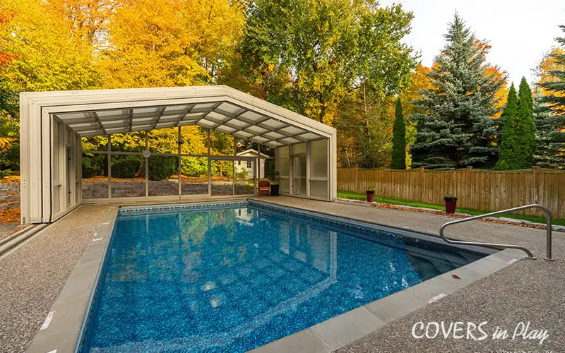 Opened pool enclosure in the fall