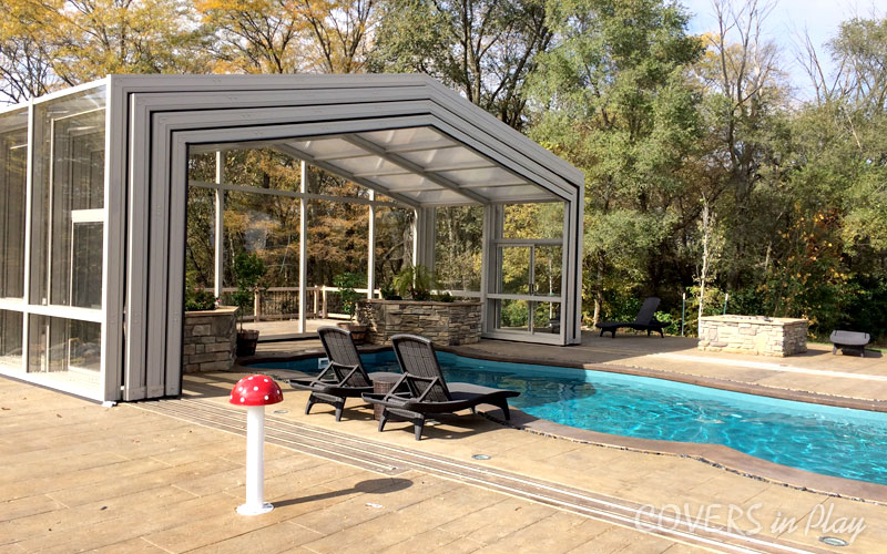 Side view of single peak pool dome in Des Moines, IA, by Covers in Play