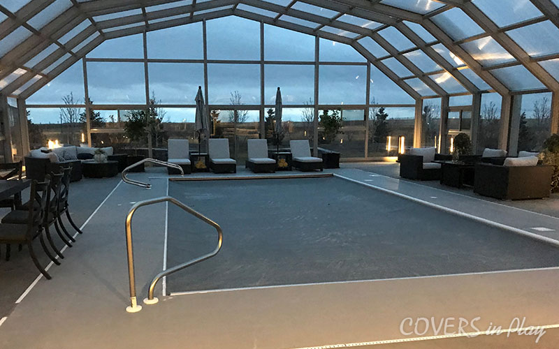 Interior view of triple peak swimming pool dome in
Iron Bridge, SK, by Covers in Play