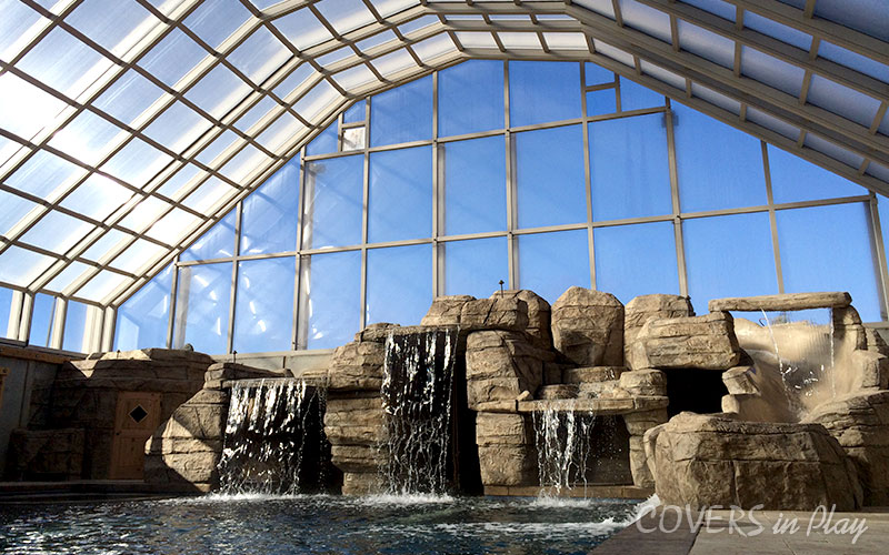 Interior view of large roof dome built by Covers in Play in Nephi, UT, featuring a waterfall feature
