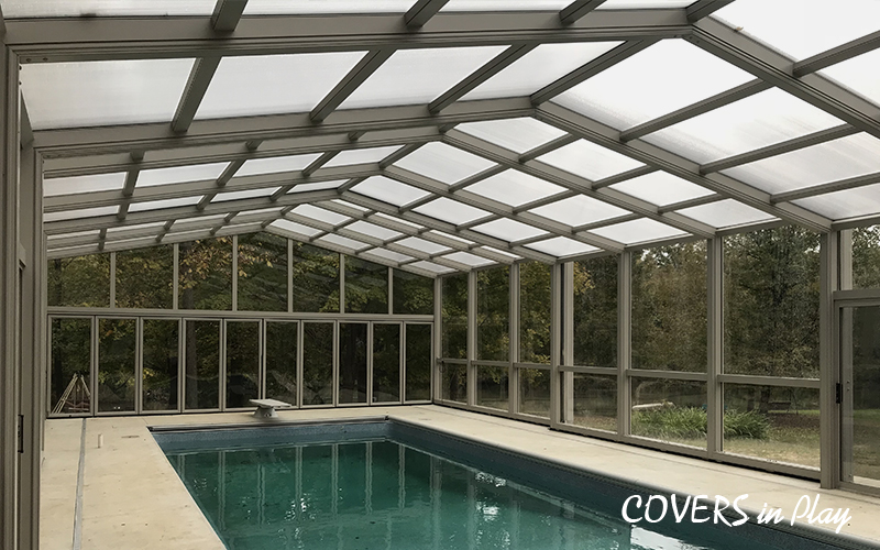 Interior view of single peak pool dome in
Paris, IL, built by Covers in Play