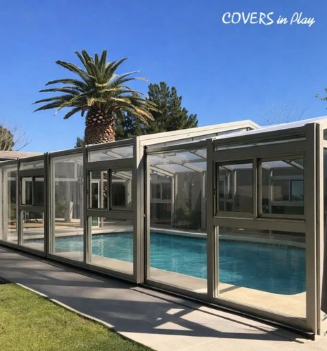 Retracted pool enclosure open