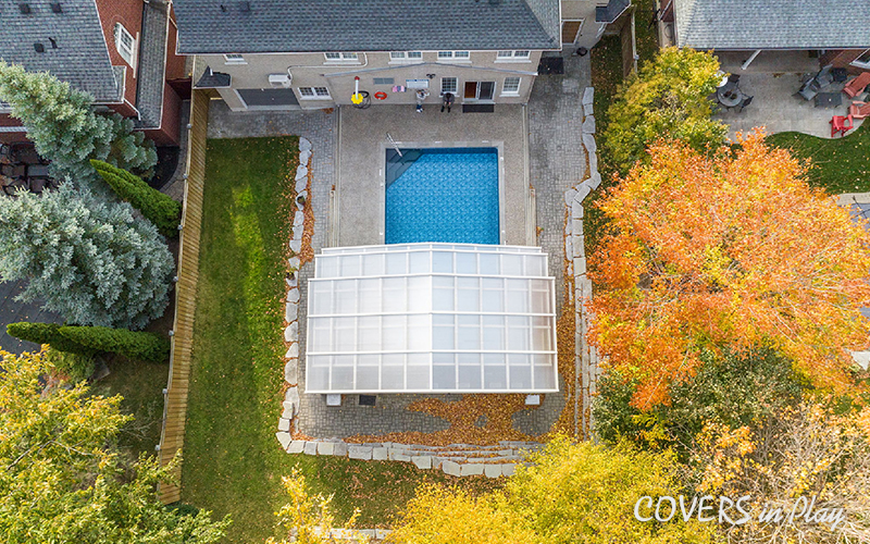 Aerial view of the backyard with an open Covers in Play pool dome in Whitby, ON