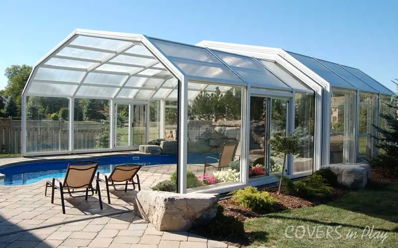 Exterior view of half open enclosure with partial sun exposure on the pool