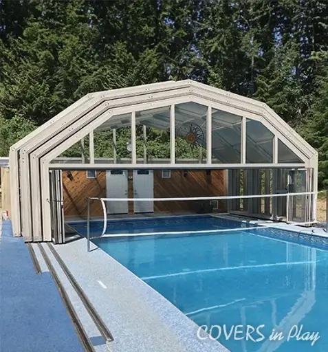 Retracted pool enclosure open