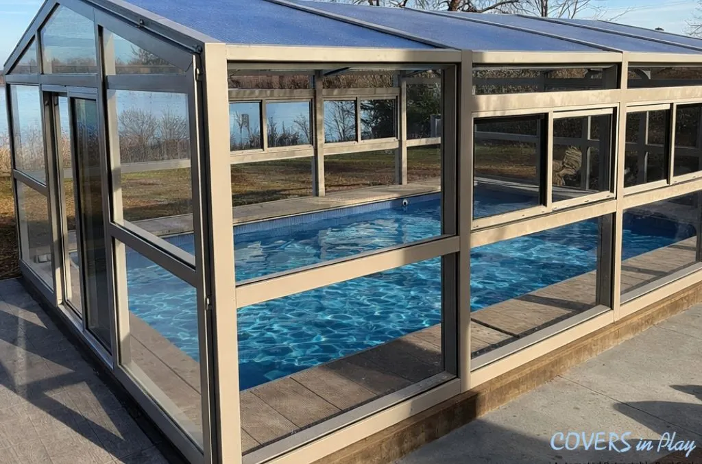 Exterior view of attached Covers in Play pool dome in Vaughn, ON,
 during the winter
