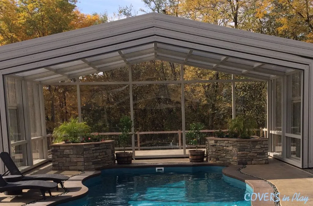 Freestanding swim spa dome in Fort Saskatchewan, AB, with doors
 and windows built by Covers in play